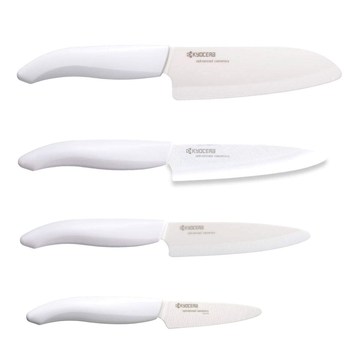 KYOCERA Messerblock with four white ceramic knives and bamboo stand, showcasing sleek kitchen knife storage and cutting tools.
