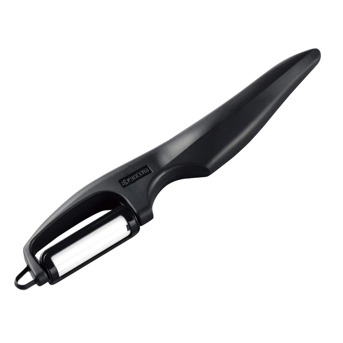 KYOCERA double-sided edge peeler with ergonomic handle and sharp blades, ideal for peeling fruits and vegetables.