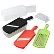 KYOCERA red 6-piece slicer and grater hobelset with box, featuring sharp blades for versatile kitchen prep.