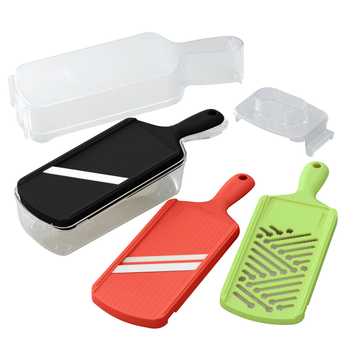 KYOCERA red 6-piece slicer and grater hobelset with box, featuring sharp blades for versatile kitchen prep.