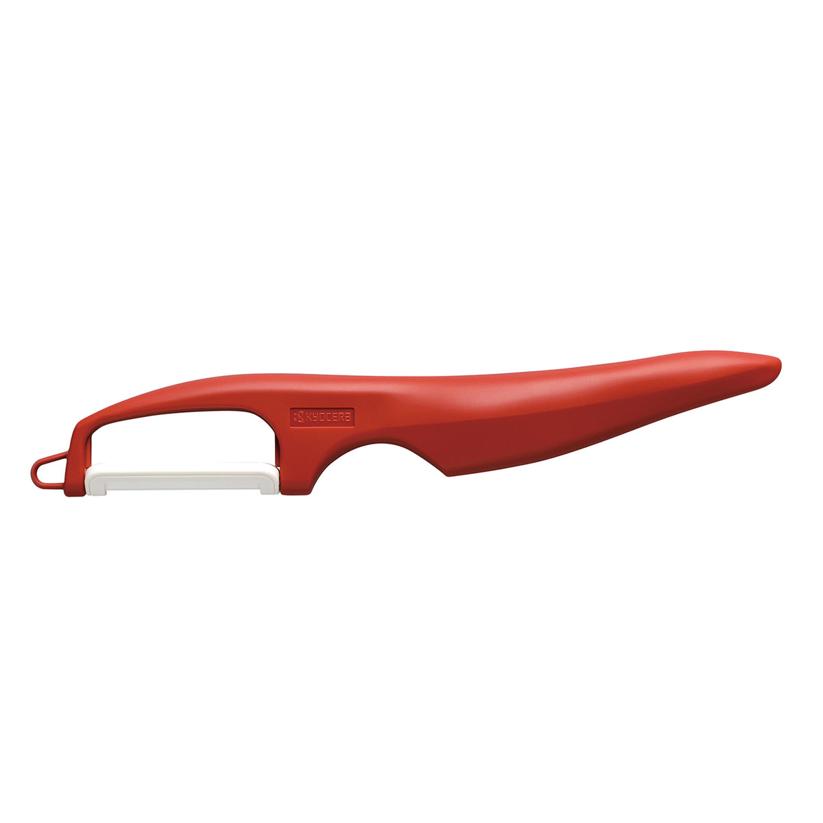 KYOCERA double-sided vegetable peeler with sharp dual blades for efficient peeling of fruits and vegetables.