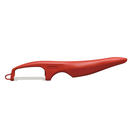 KYOCERA double-sided vegetable peeler with sharp dual blades for efficient peeling of fruits and vegetables.
