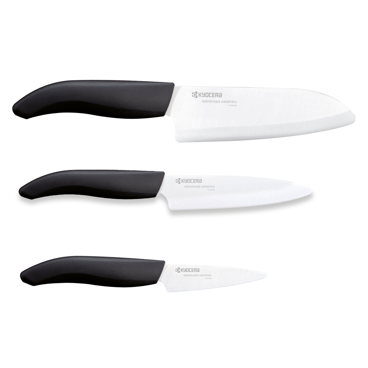 KYOCERA black ceramic knife set with three high-quality knives for precise cutting and kitchen prep.
