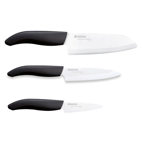 KYOCERA black ceramic knife set with three high-quality knives for precise cutting and kitchen prep.