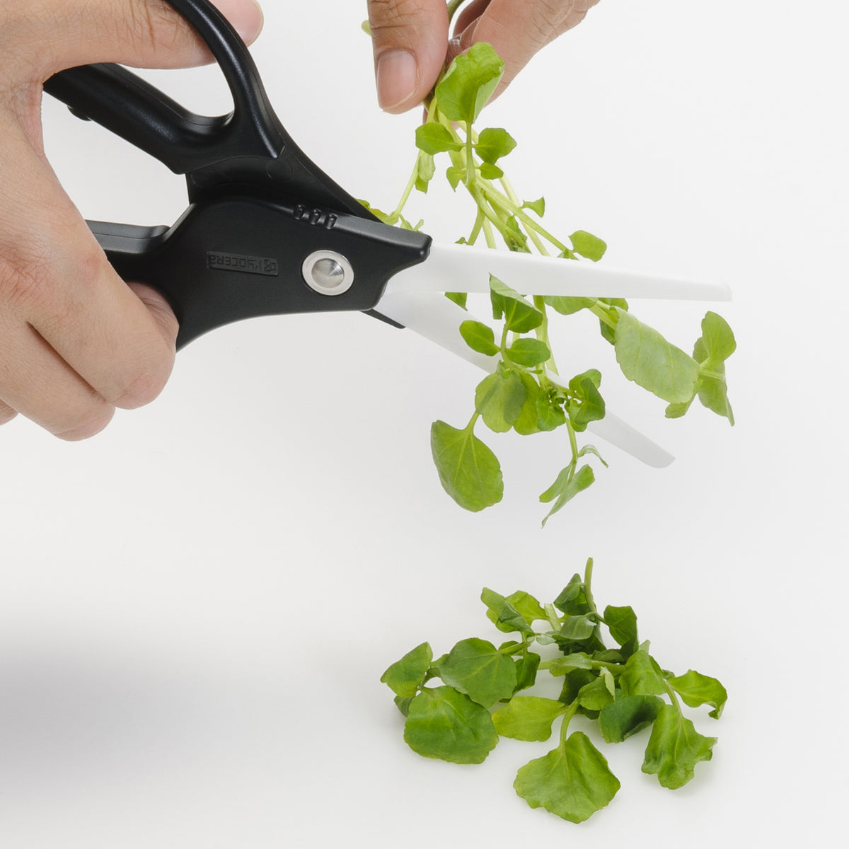 KYOCERA ceramic kitchen scissors in black and white with a sturdy handle, designed for precise cutting in the kitchen.