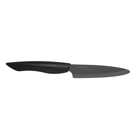 KYOCERA black ceramic knife SHIN with sharp blade and ergonomic handle, ideal for precision cutting in the kitchen.