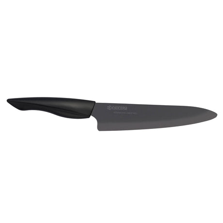 KYOCERA black ceramic kitchen knife, SHIN series, sharp cutting edge, sleek black handle, ideal for precise slicing.