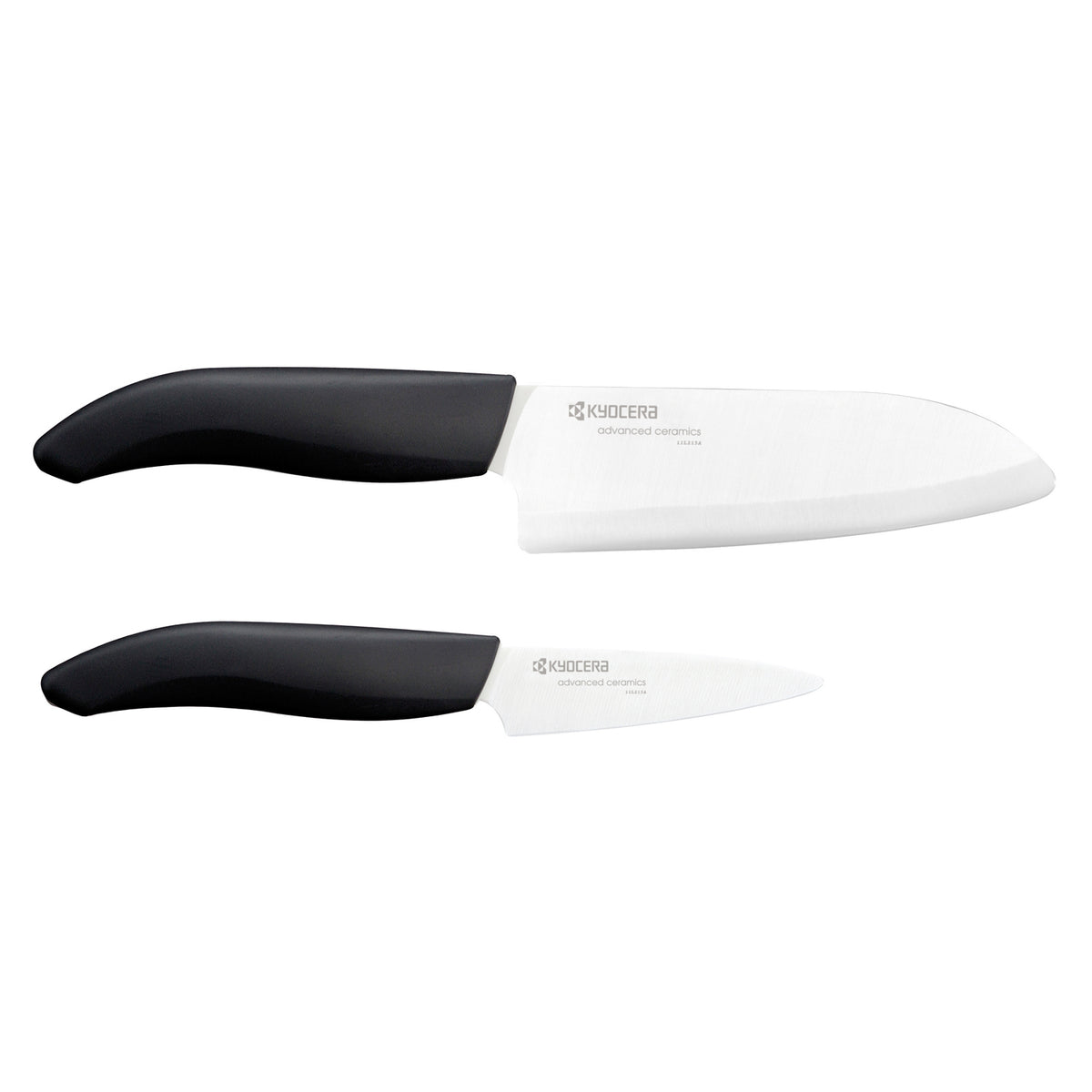 KYOCERA ceramic knife set with a peeling knife and santoku knife displayed on a kitchen countertop.