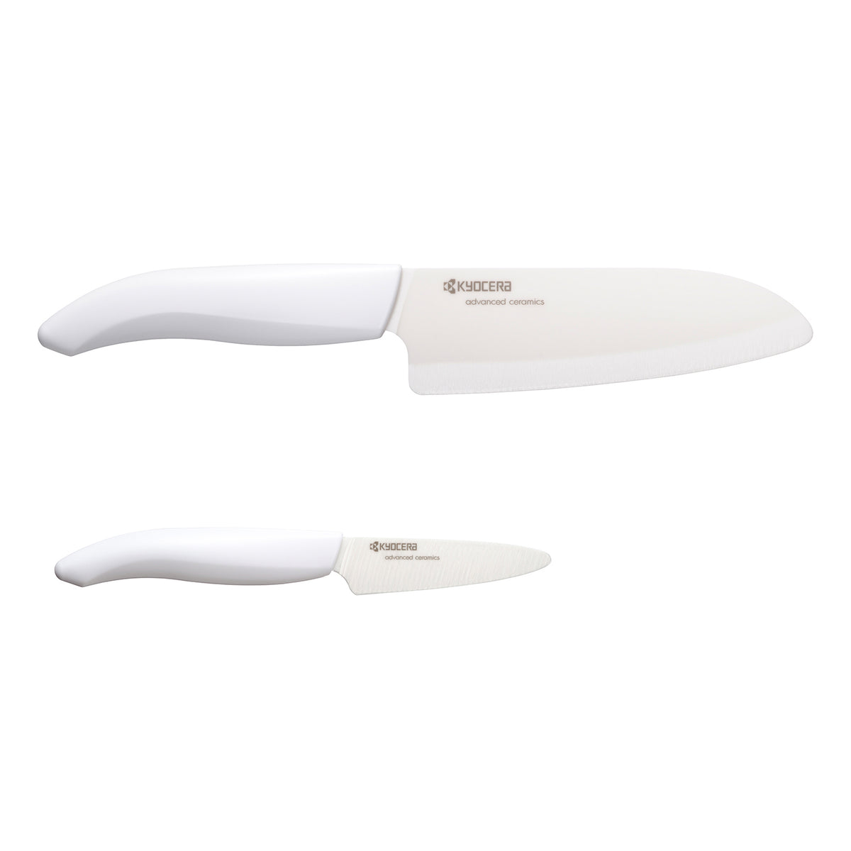 KYOCERA ceramic knife set with peeling and santoku knives, featuring sleek white handles and sharp blades for precise kitchen prep.