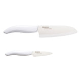 KYOCERA ceramic knife set with peeling and santoku knives, featuring sleek white handles and sharp blades for precise kitchen prep.