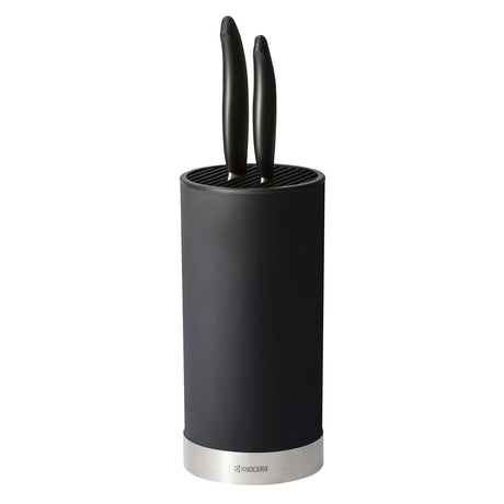 KYOCERA Messerblock with two GEN knives and soft-touch handles, showcasing sleek kitchen knife storage and cutting tools.