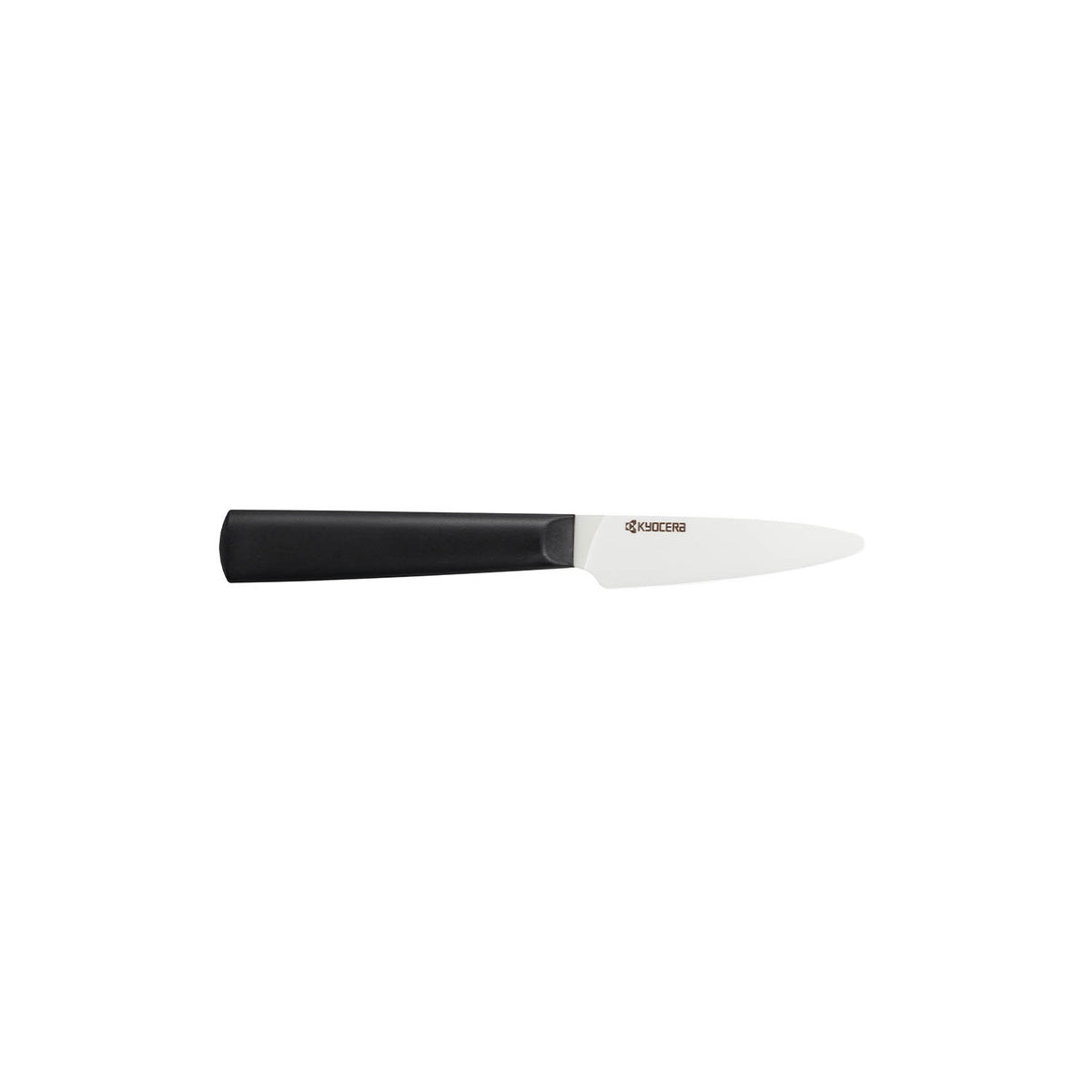 KYOCERA ceramic knife with black and white handle, sharp kitchen tool for precise slicing and cutting.