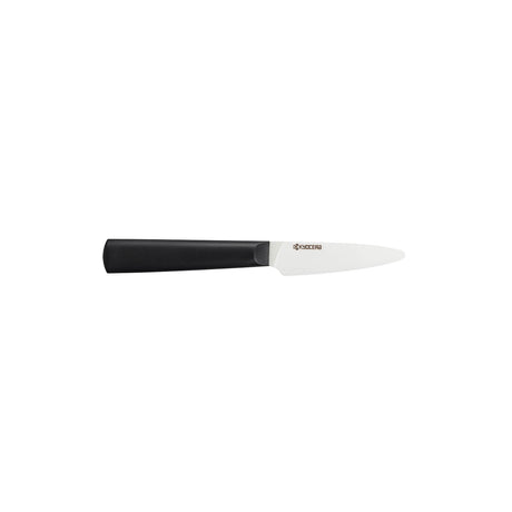 KYOCERA ceramic knife with black and white handle, sharp kitchen tool for precise slicing and cutting.