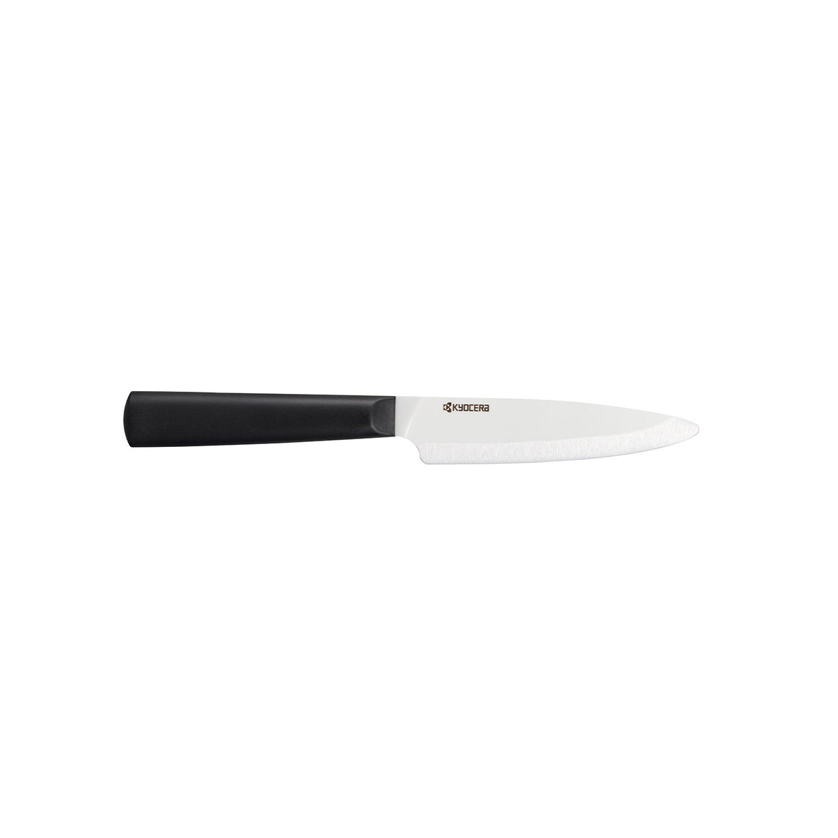 KYOCERA ceramic kitchen knife with black and white handle, precision-cut blade for slicing and chopping.