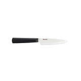 KYOCERA ceramic kitchen knife with black and white handle, precision-cut blade for slicing and chopping.