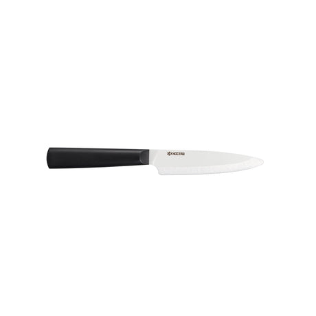 KYOCERA ceramic kitchen knife with black and white handle, precision-cut blade for slicing and chopping.