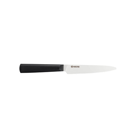 KYOCERA ceramic kitchen knife with black and white handle, sharp blade, designed for precise cutting and durability.