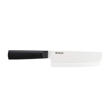 KYOCERA ceramic kitchen knife with black and white handle, sharp blade ideal for precise slicing and cutting tasks.