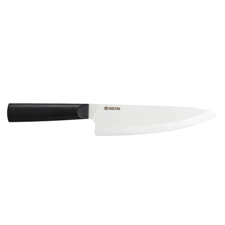 KYOCERA ceramic kitchen knife with black handle and white blade, designed for precision cutting and durability.
