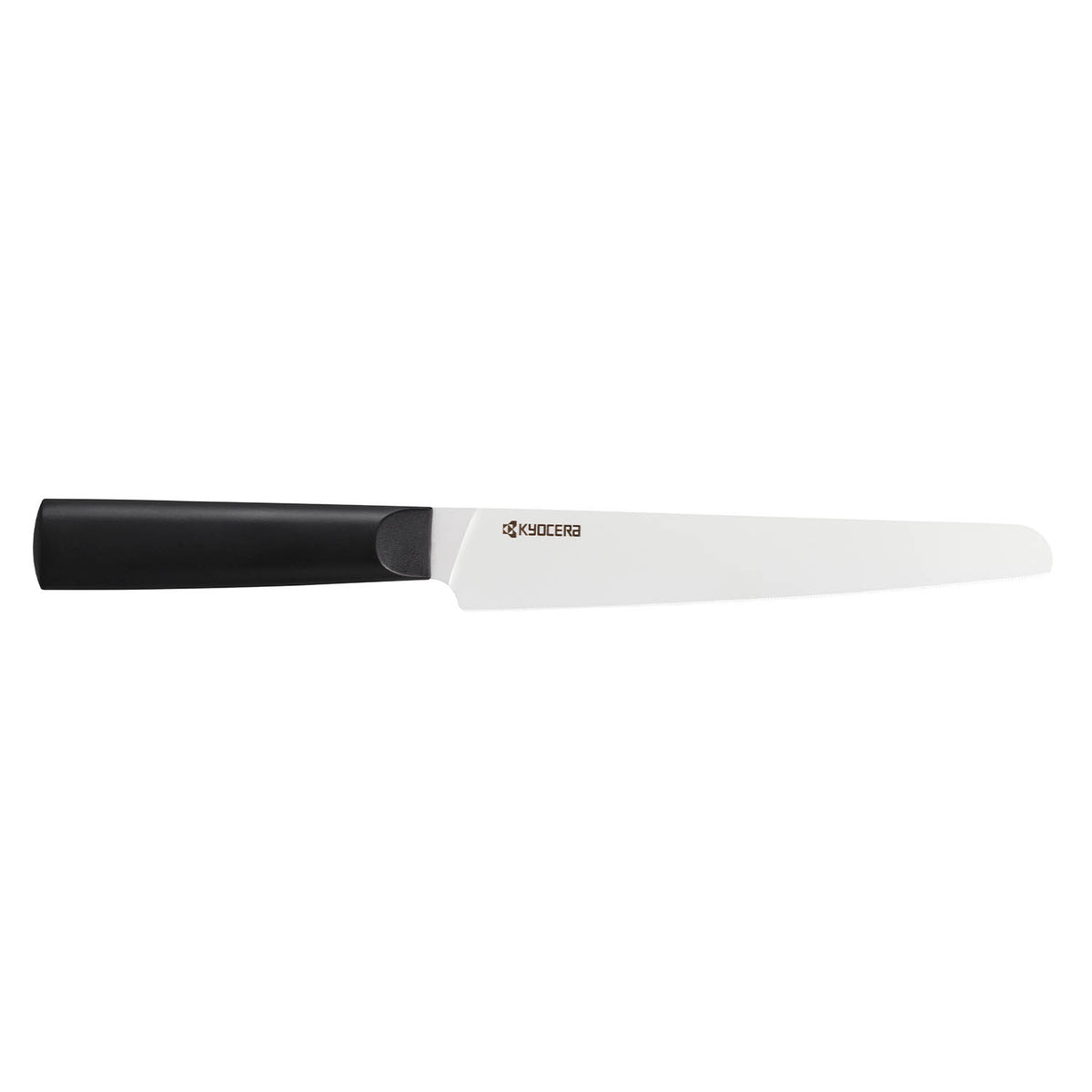 KYOCERA ceramic kitchen knife with black handle and white blade, designed for precise cutting and durability.