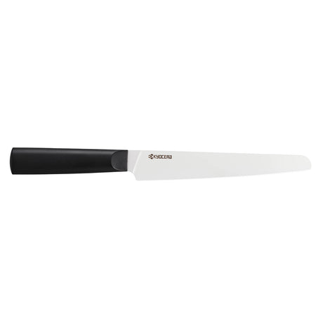 KYOCERA ceramic kitchen knife with black handle and white blade, designed for precise cutting and durability.