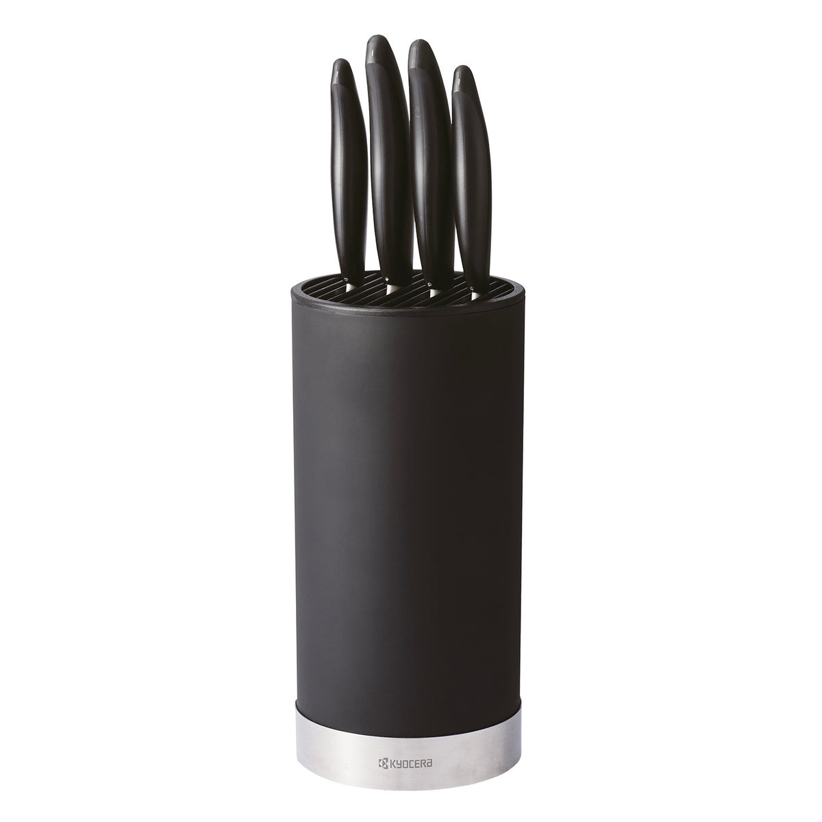 KYOCERA Messerblock with four soft-touch kitchen knives, featuring sleek black handles and a modern wooden stand.