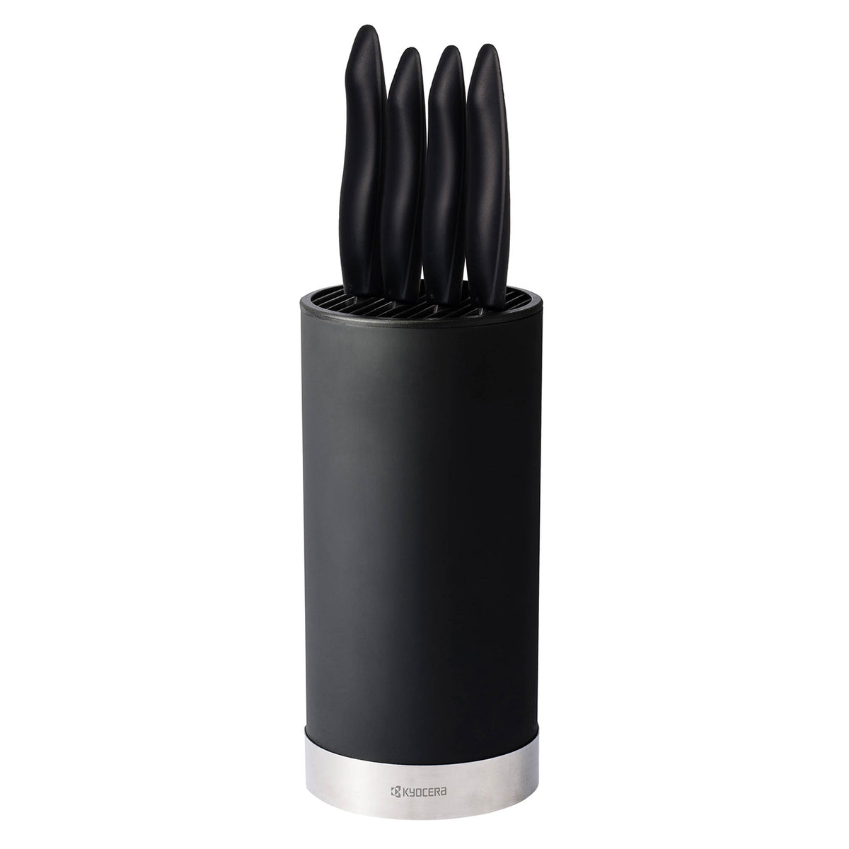 KYOCERA knife block with four SHIN knives and soft-touch handle, showcasing a sleek black kitchen knife storage set.