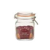 Clear Kilner Clip Square jar for preserving, made of glass with a secure clip lid, ideal for storing homemade foods.