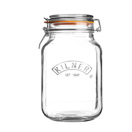 Clear Kilner Clip Square preserving jar for canning and storage, with a secure metal clip lid and glass body.