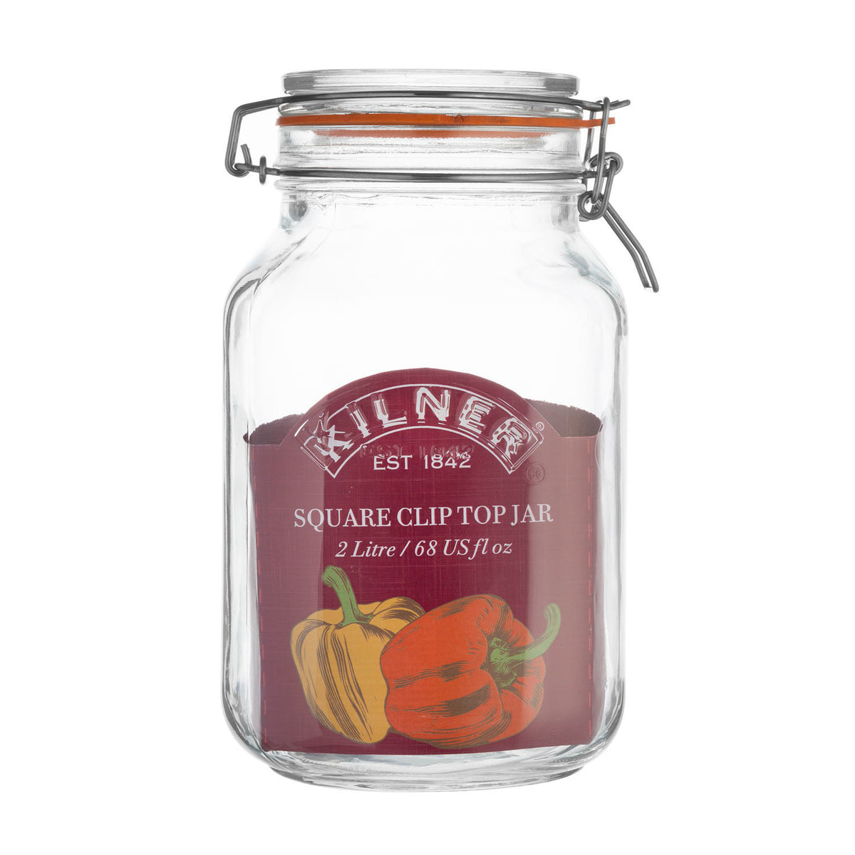 Clear Kilner Clip Square canning jar with metal clamp lid, ideal for preserving food and making storage easy.