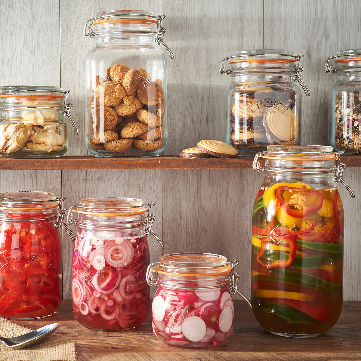 KILNER Clip Square canning jar in clear glass with metal clip lid for preserving and storage.