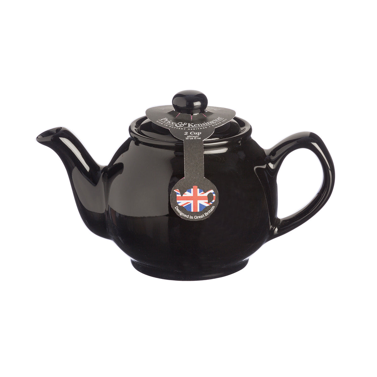Black P & K Kensington teapot with a sleek design, featuring a spout, handle, and lid, perfect for brewing tea.