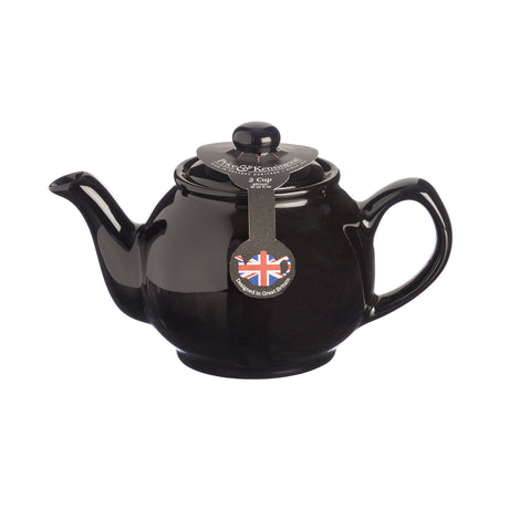 Black P & K Kensington teapot with a sleek design, featuring a spout, handle, and lid, perfect for brewing tea.