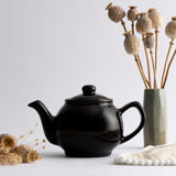 Black P & K Kensington teapot with a matching lid, made of ceramic, designed for brewing and serving tea.
