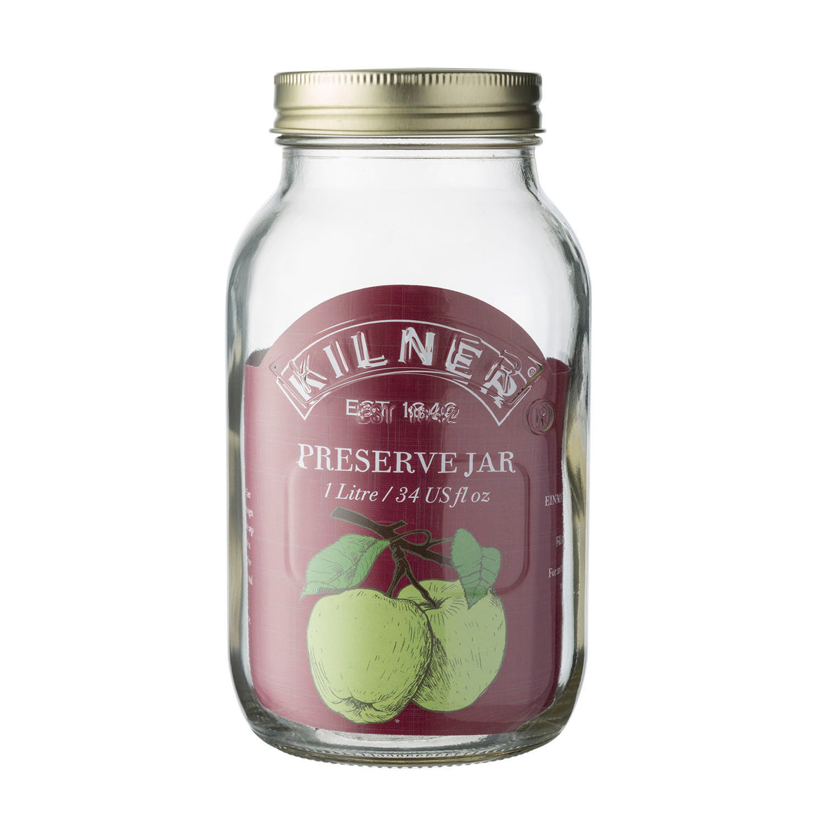 Clear 1-liter KILNER screw-top Einkochglas jar for preserves and storage, with a smooth glass surface and metal screw lid.