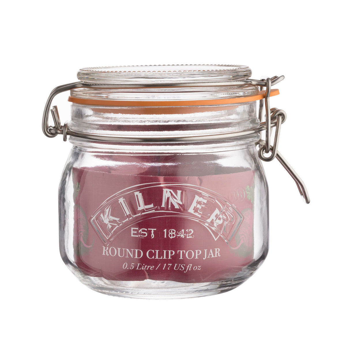 Clear KILNER clip round canning jar for preserving food, with a metal clip lid, shown in a close-up image.
