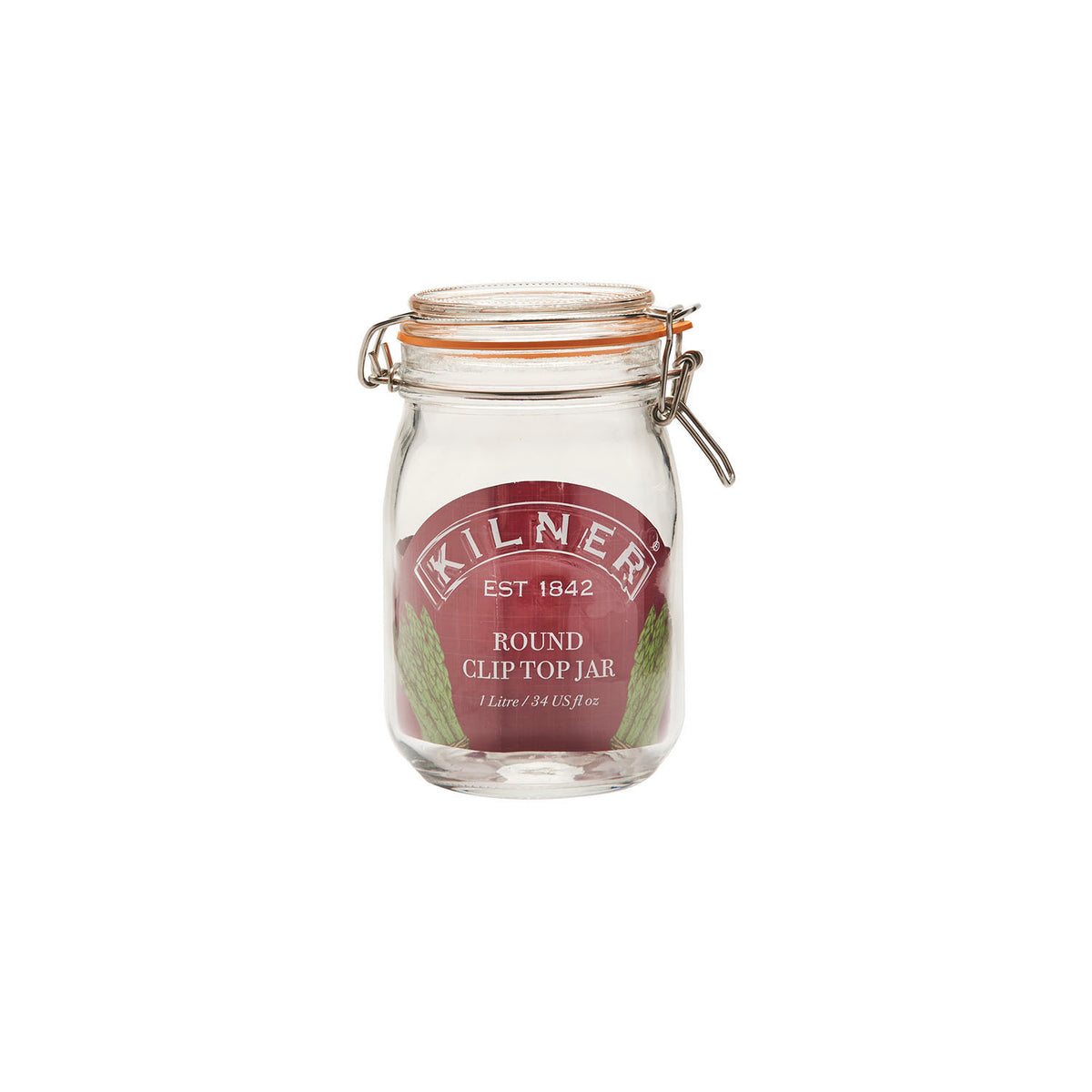 Clear KILNER Clip Round canning jar with metal clip lid, ideal for preserving fruits and jams.