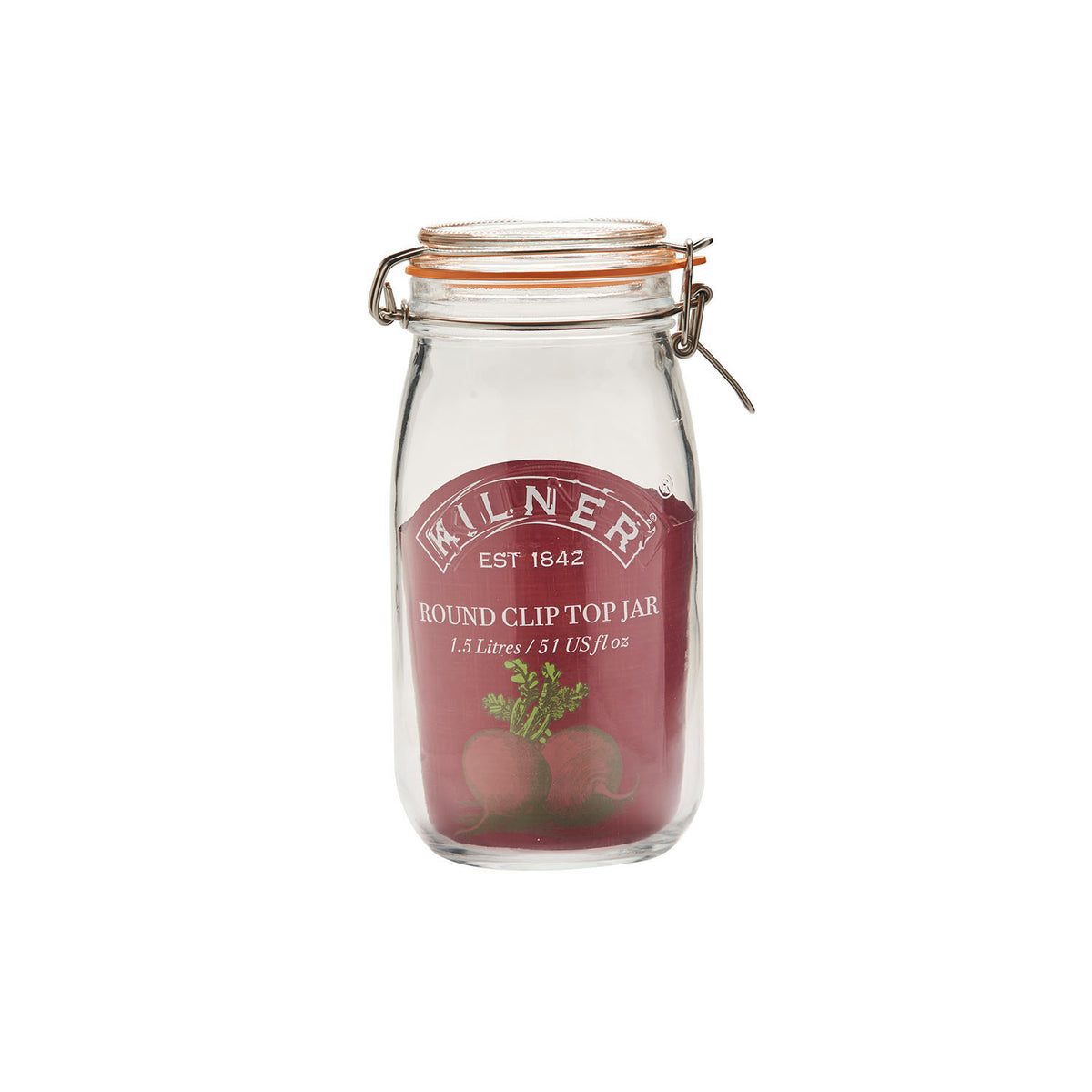 KILNER clear clip-round canning jar with metal lid for preserving fruits and jams, made of durable glass.