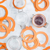 Set of six KILNER Einkochringe in various sizes from 0.35 to 2 liters for jar sealing and preservation.
