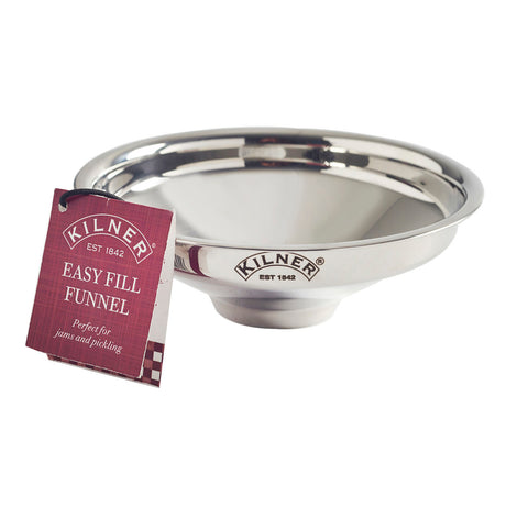 KILNER stainless steel Easy Fill funnel, 14.5 cm diameter, ideal for pouring liquids and transferring ingredients smoothly.