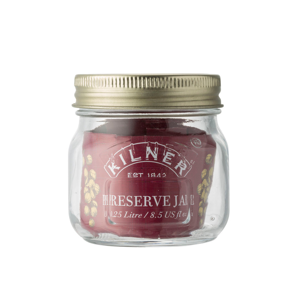 KILNER clear screw-top canning jar, glass storage container for preserving food, with metal screw lid and transparent body.