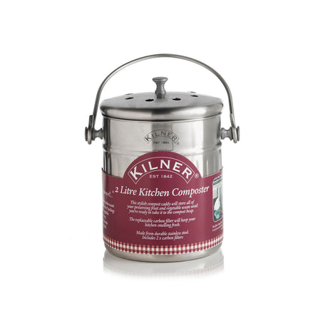 Stainless steel KILNER 2L kitchen compost bin with lid, ideal for eco-friendly waste management in the kitchen.