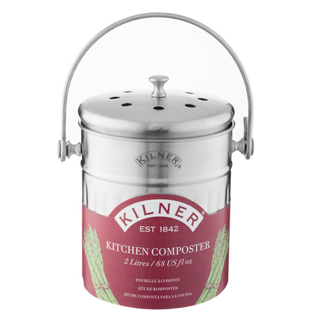 KILNER stainless steel kitchen compost bin, 2-liter capacity, with lid and compact design for eco-friendly waste sorting.