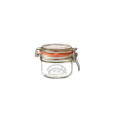 Clear Kilner Clip Round canning jar with metal clip lid, perfect for preserving and storing food.