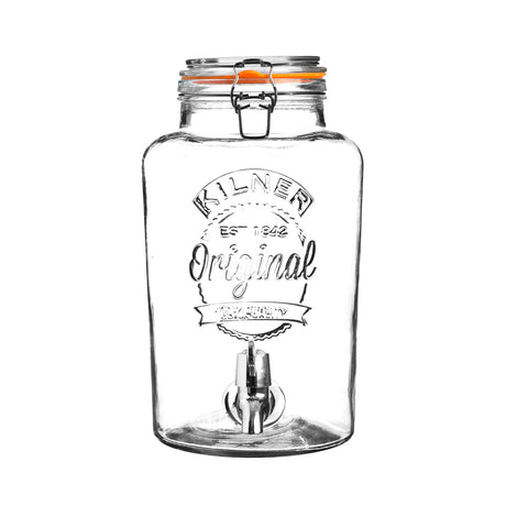 KILNER clear round 8L beverage dispenser with spigot for serving drinks at parties or gatherings.
