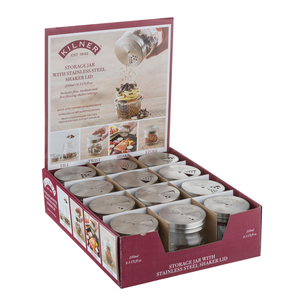 Clear 250 ml KILNER Streu-Gläschen with metal lid for spices or herbs, shown with a metal screw lid and glass body.