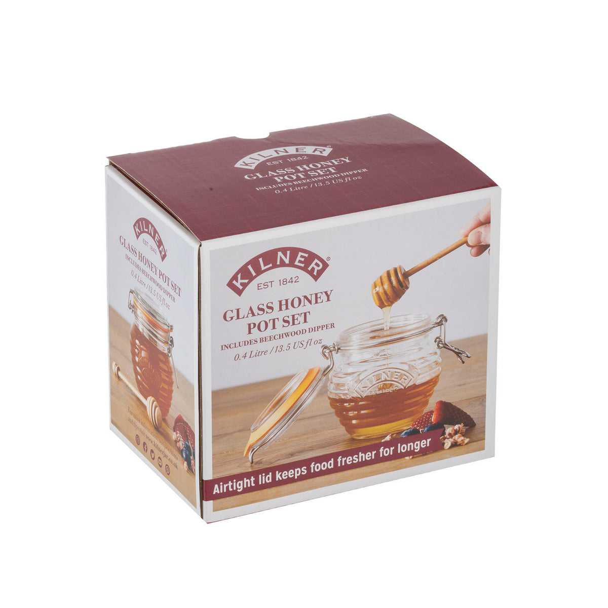 KILNER clear glass honey jar with lid, 400 ml capacity, designed for serving and storing honey.