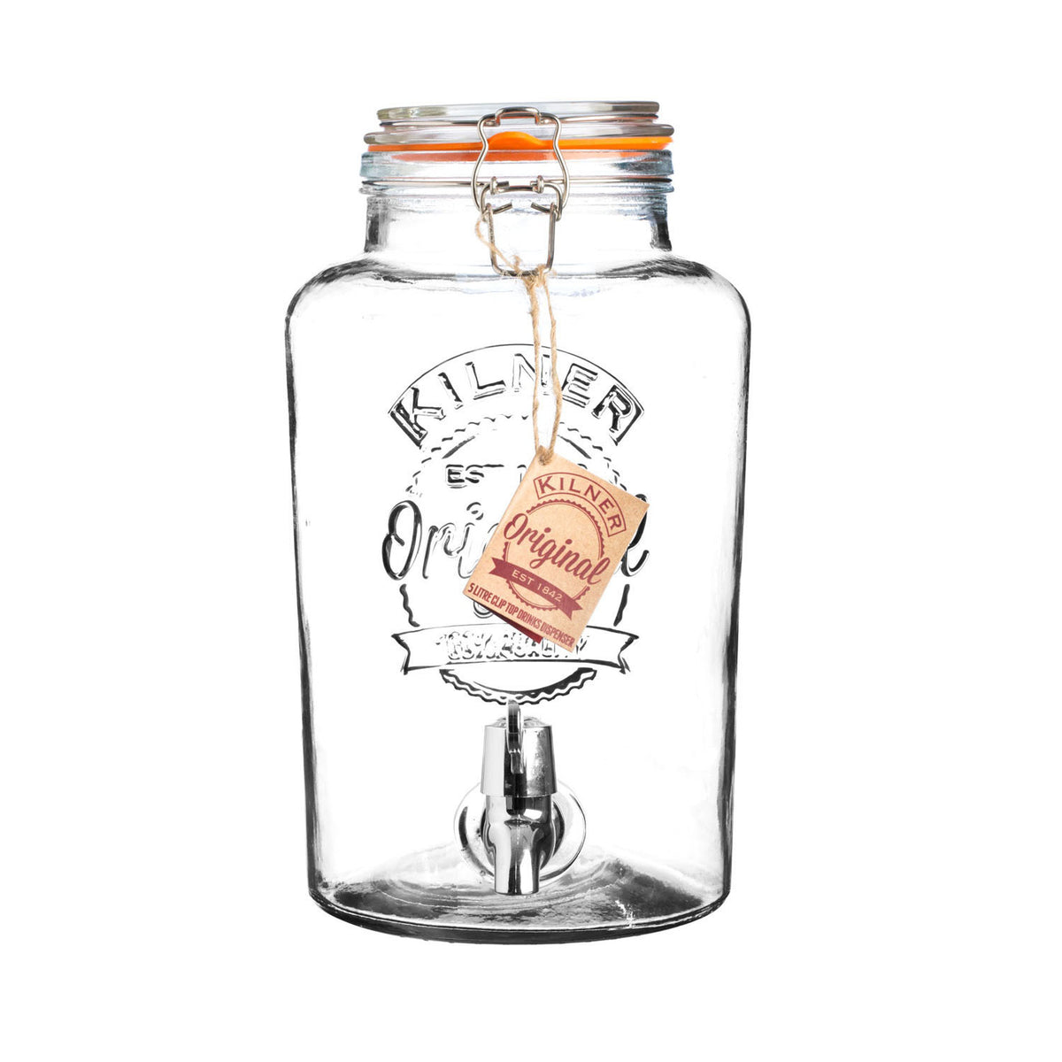 KILNER round 5L clear glass drink dispenser with spigot for serving beverages at parties or gatherings.