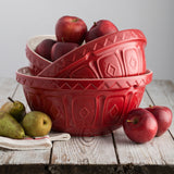 Red Mason Cash mixing bowl with a smooth, rounded design and classic pattern, ideal for baking and food prep.