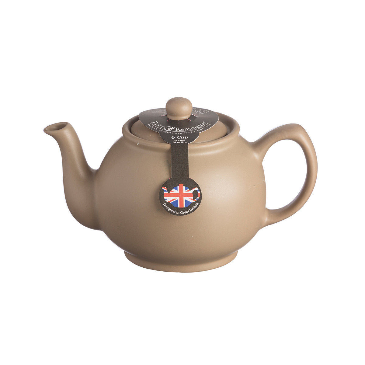 P & K Teekanne in taupe with a sleek, modern design, perfect for serving tea in a stylish kitchen setting.
